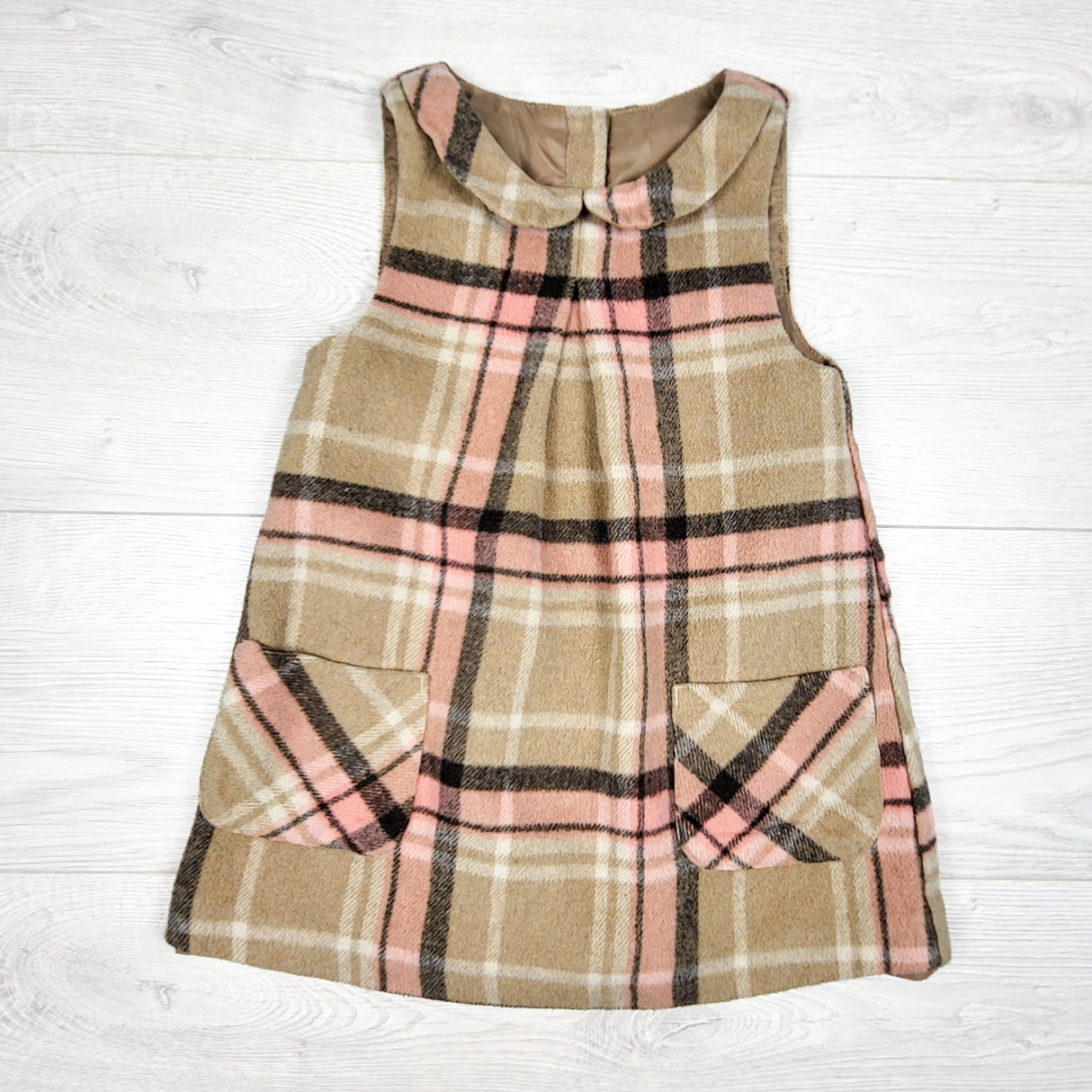 Nutmeg pink and brown plaid pinafore dress. Size 2/3T