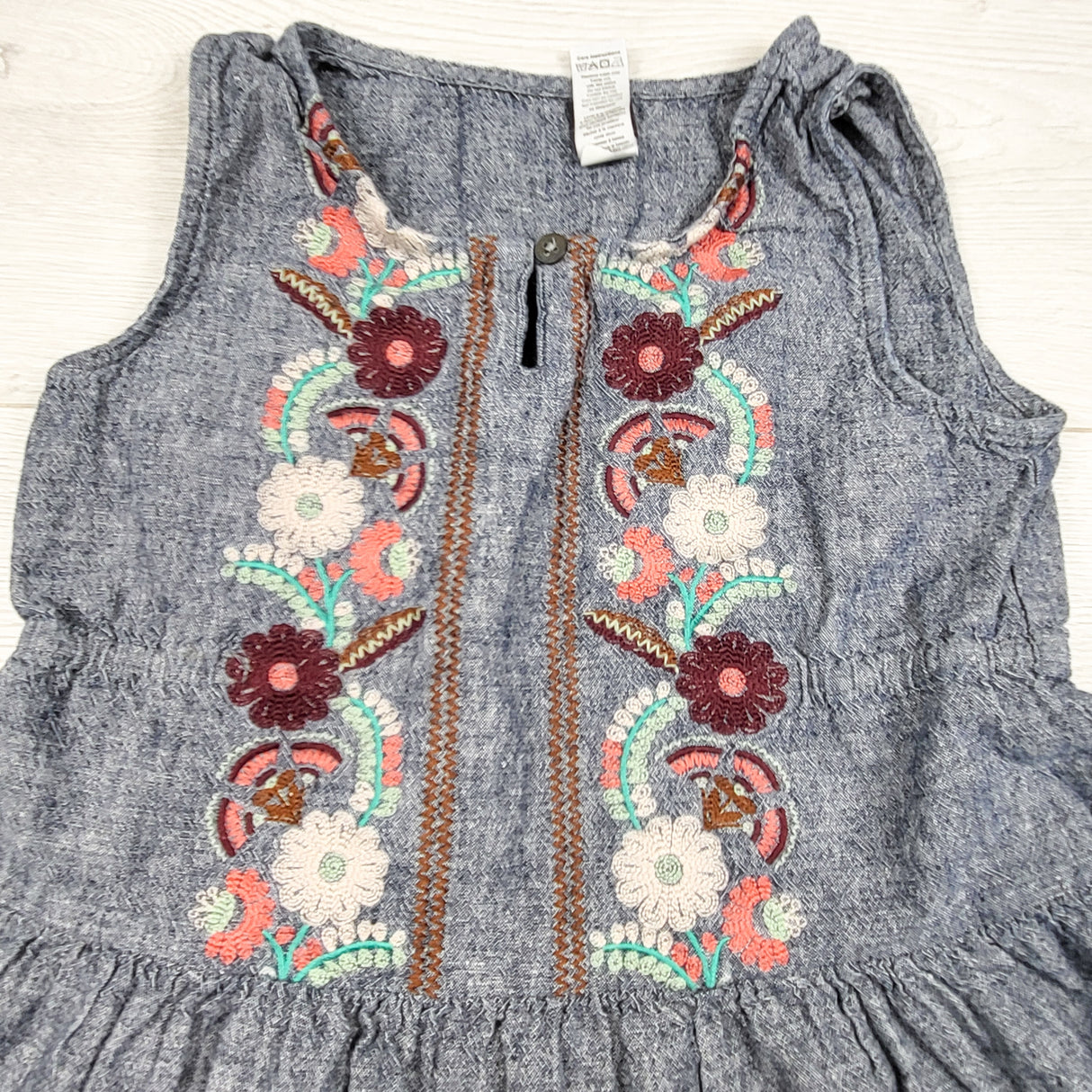Tea Collection chambray linen-cotton blend dress with floral embroidery. Size 8