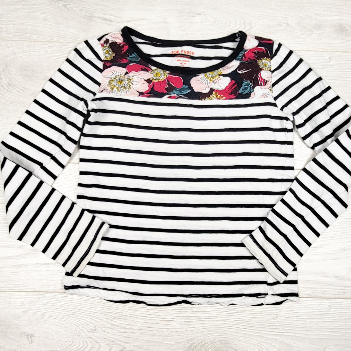 Joe white and navy striped top with floral accents. Size 7/8