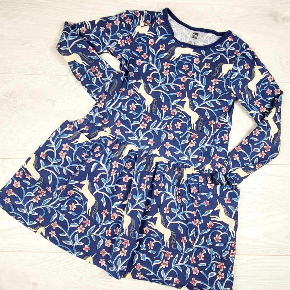 Tea Collection blue patterned dress with unicorns. Size 6