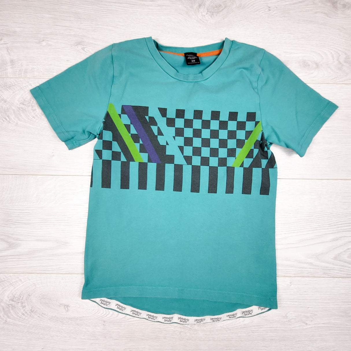 Peekaboo Beans turquoise checkered t-shirt. Size 10