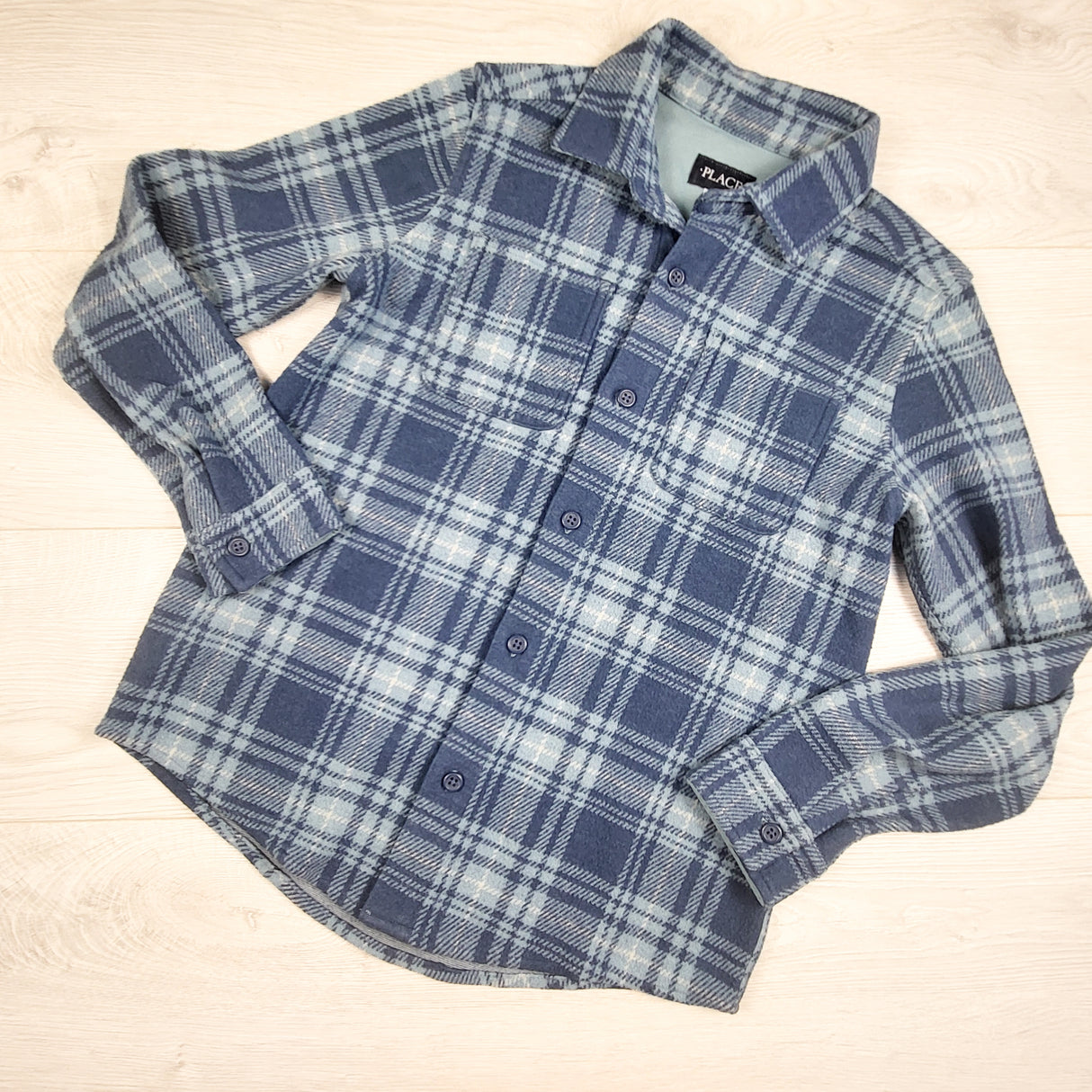 Children's Place blue plaid fleece button down overshirt. Size 10/12