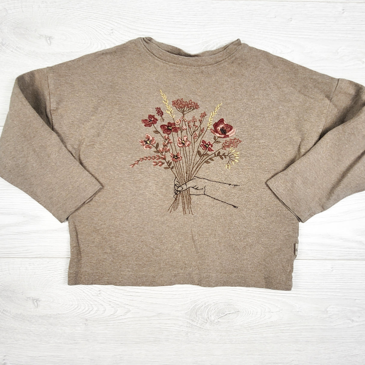 Wheat khaki Organic Cotton "Gitta" Embroidered Long-Sleeve Shirt. Size 3T
