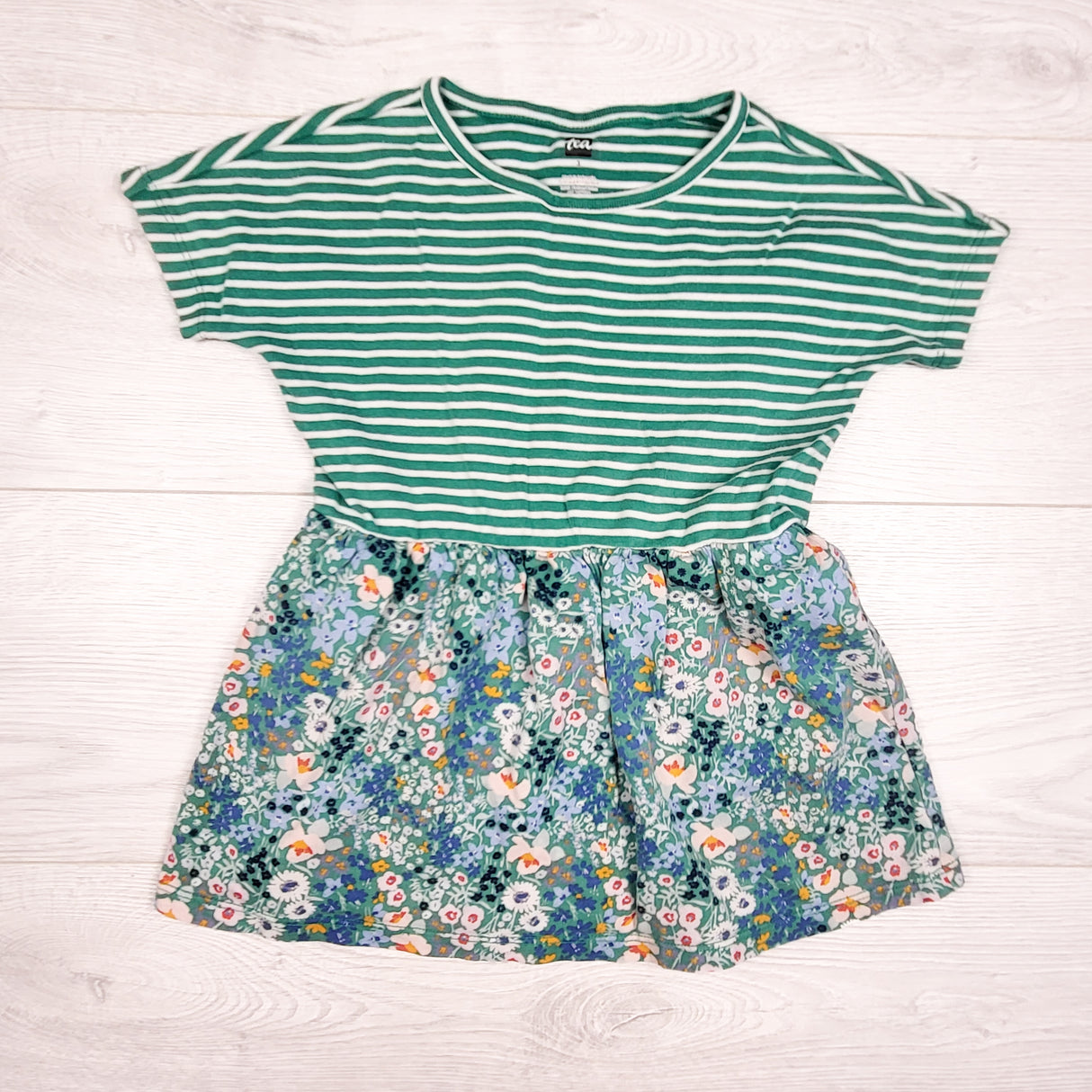 Tea Collection green stripes and floral cotton dress. Size 3T