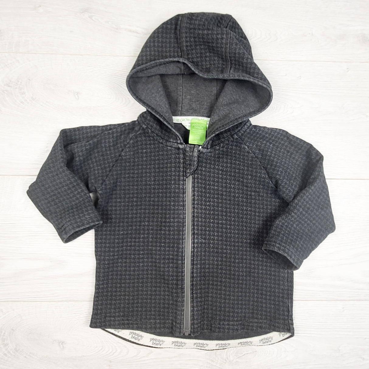 Peekaboo Beans grey houndstooth patterned zip up hoodie. Size 12-18 months