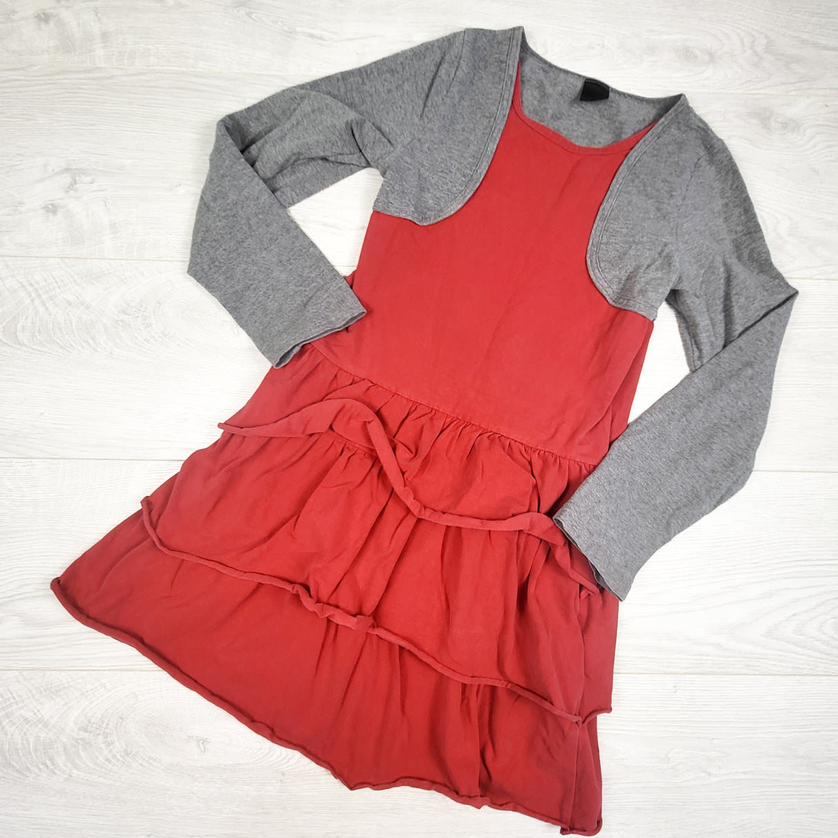 Peekaboo Beans red dress with attached shrug. Size 8