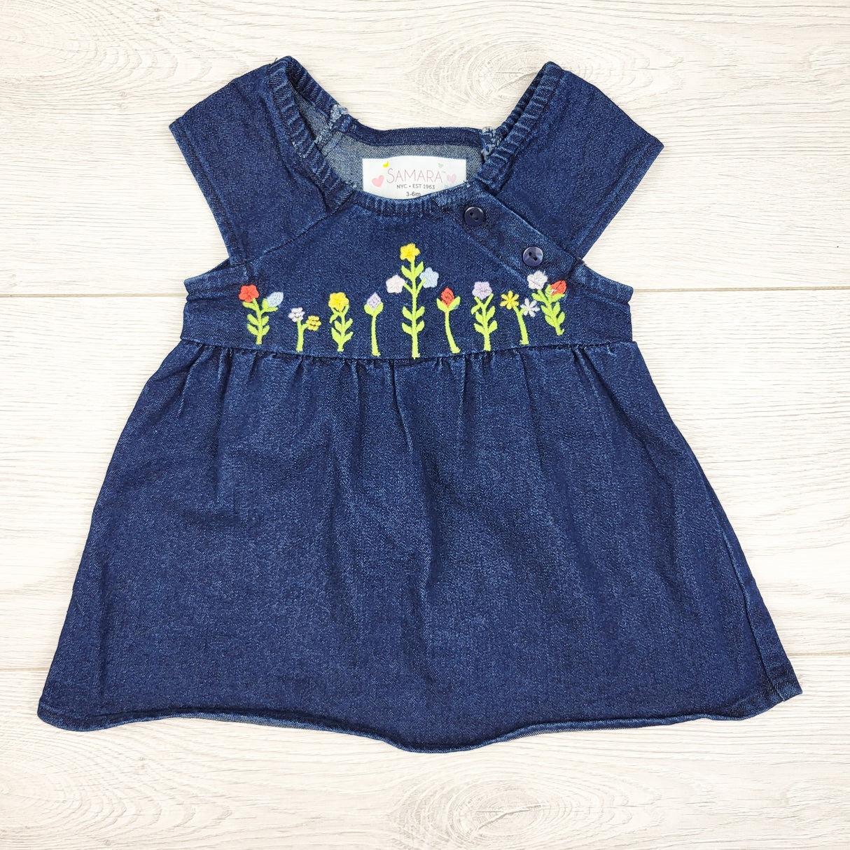 Samara Y2K era denim dress with floral embroidery. Size 3-6 months