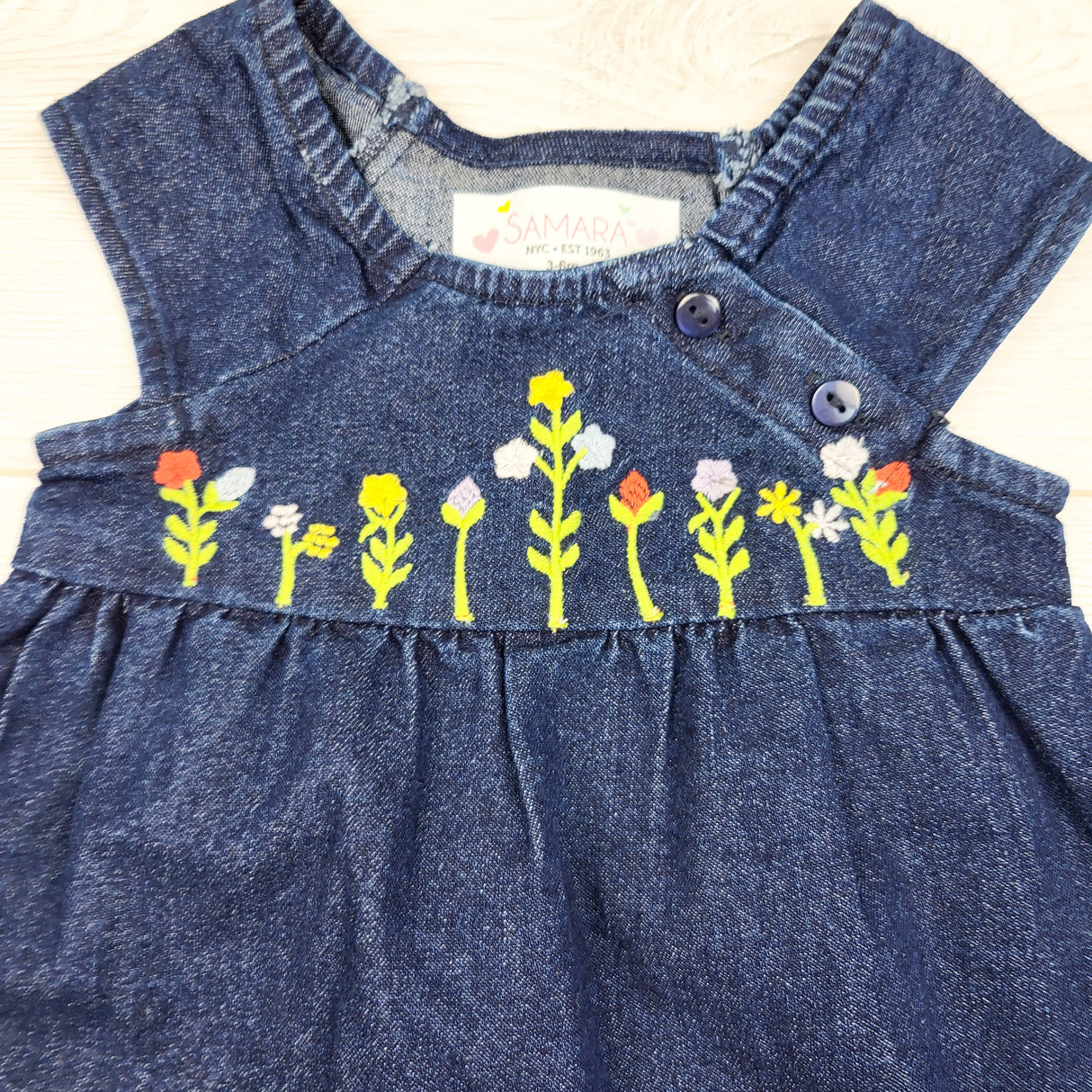 Samara Y2K era denim dress with floral embroidery. Size 3-6 months