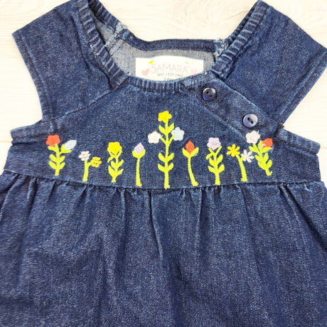 Samara Y2K era denim dress with floral embroidery. Size 3-6 months