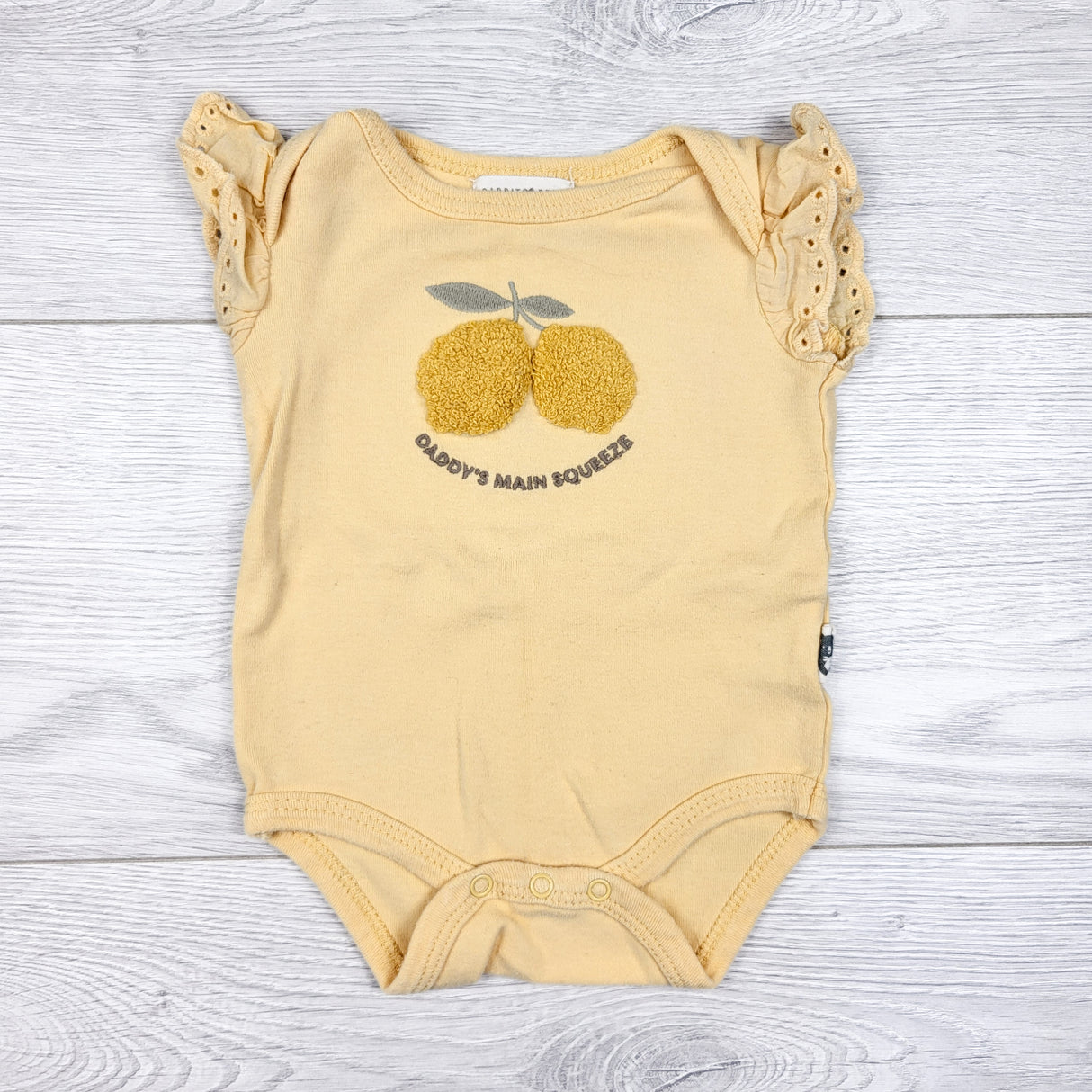 Rabbit + Bear yellow bodysuit with chenille lemons. Size 0-3 months