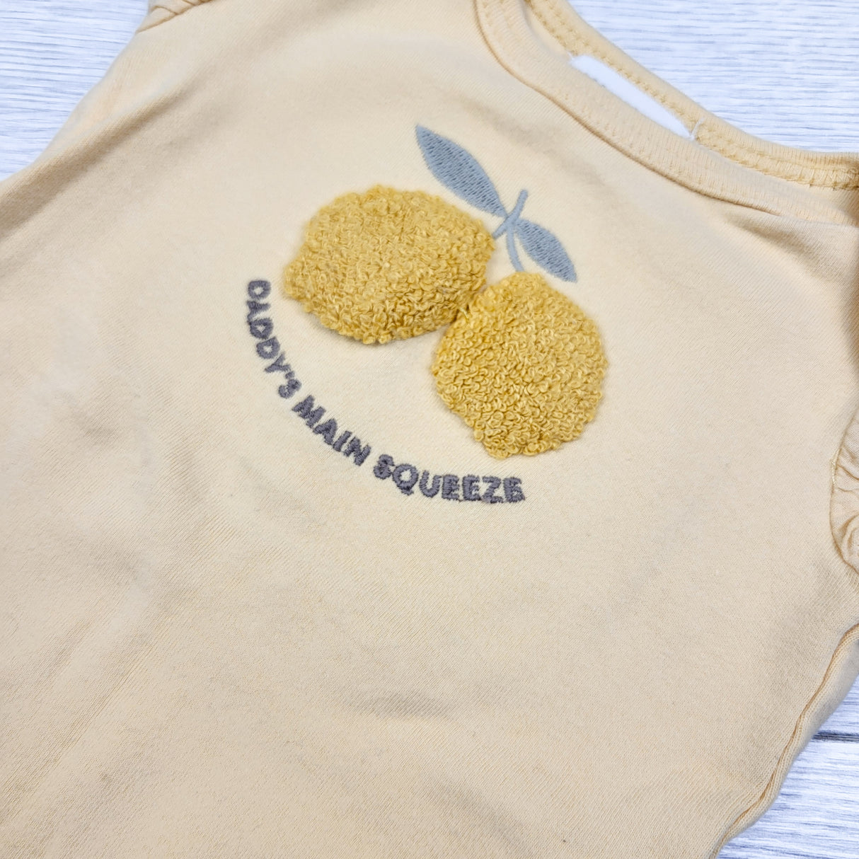 Rabbit + Bear yellow bodysuit with chenille lemons. Size 0-3 months