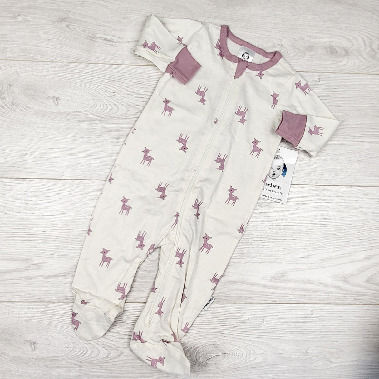 NEW - Gerber white and purple sleeper with deer. Size 0-3 months