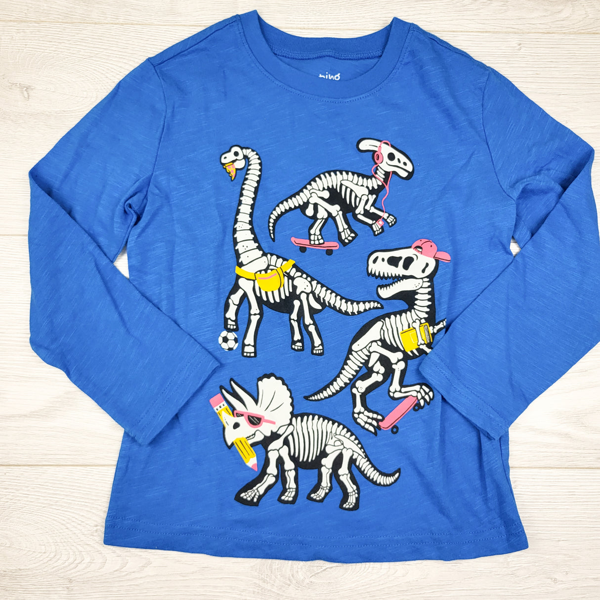 Jumping Beans blue long sleeve top with skeletal dinosaurs. Size 5T