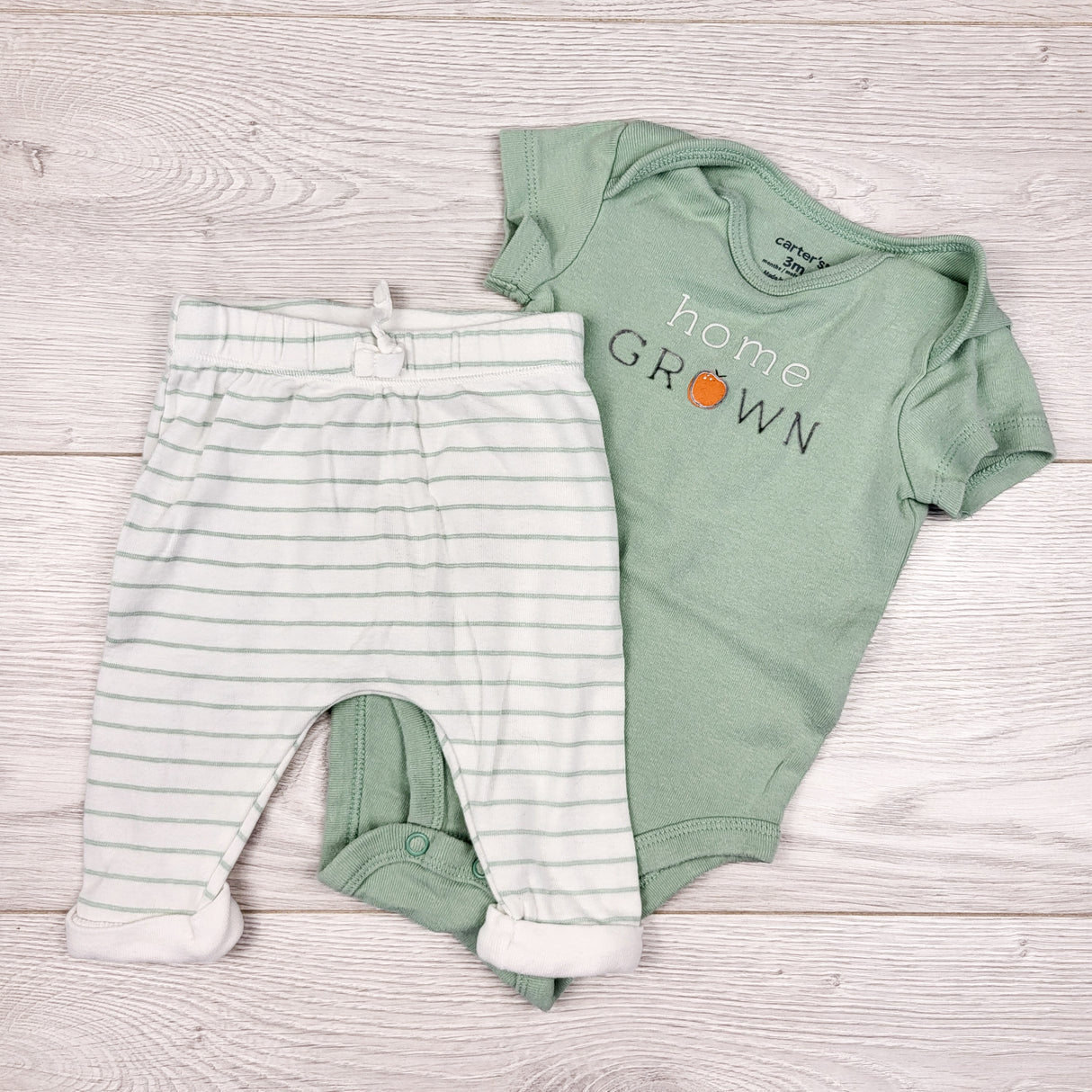 Carters green and white "Home Grown" 2pc set. Size 3 months
