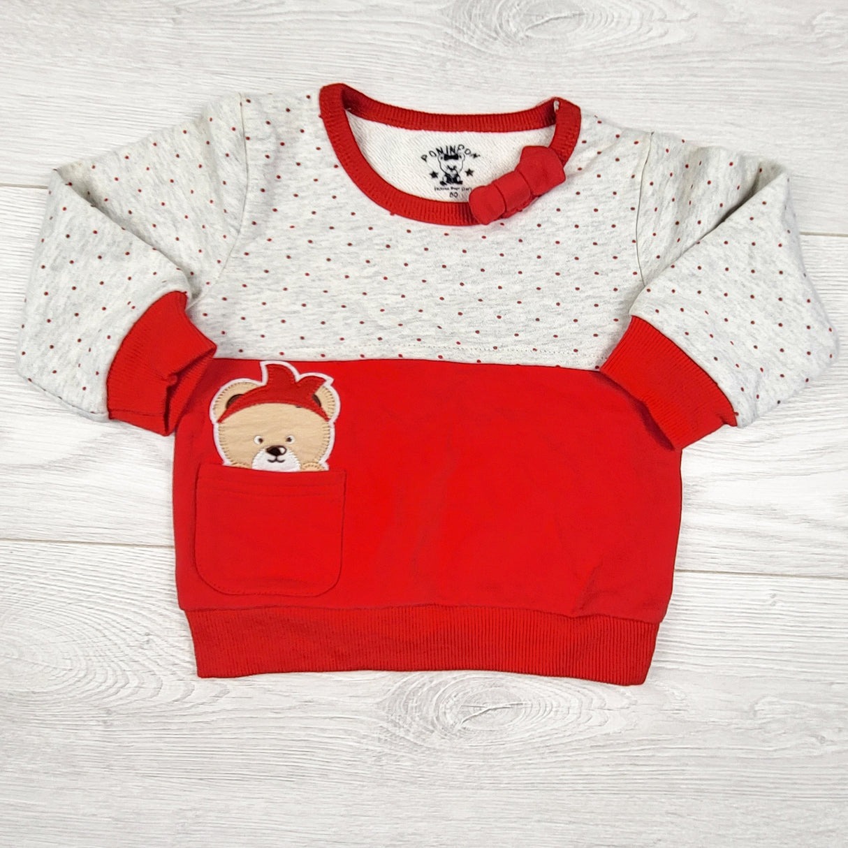 Ponipon red and polka dot bear sweatshirt. Size 9-12 months