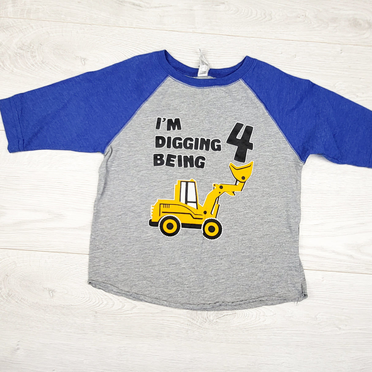 Custom made blue and grey "Digging Being 4" raglan top. Size 4T