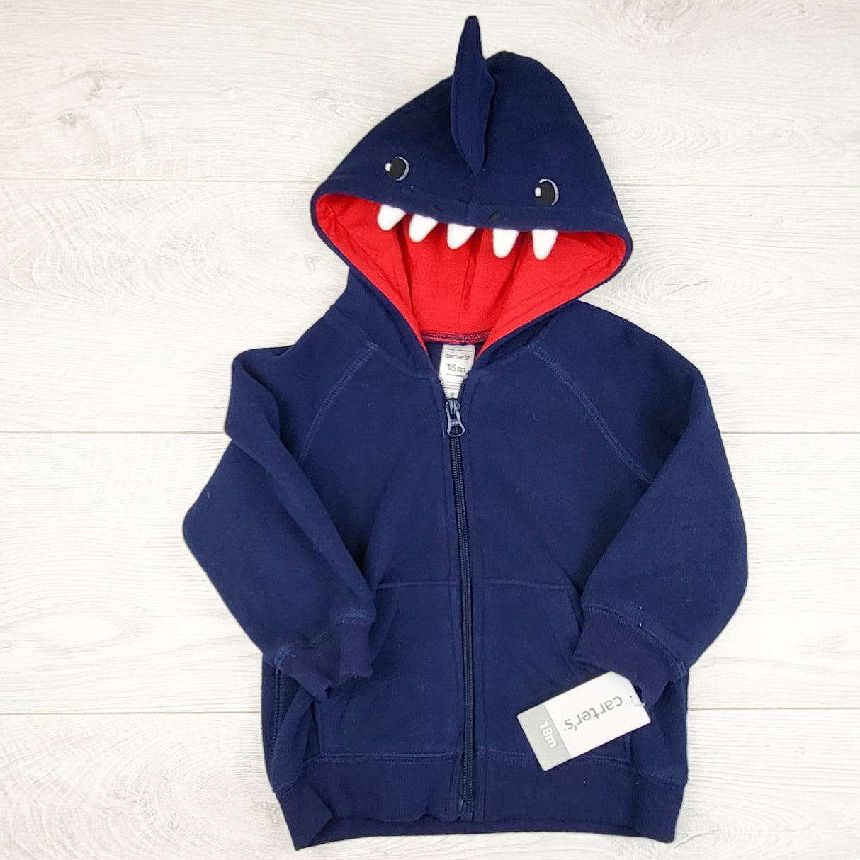 NEW - Carters navy zip up fleece shark hoodie. Size 18 months