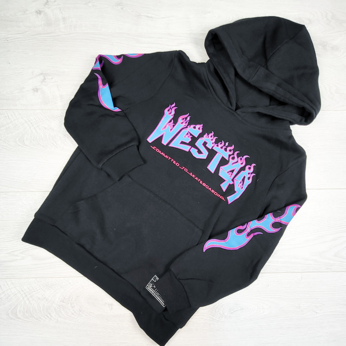 West 49 black pullover logo hoodie with flames. Size 10/12