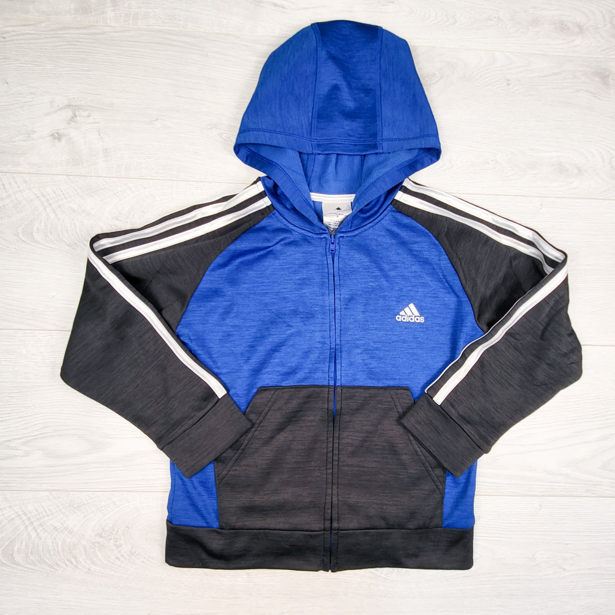 Adidas black and blue zip up active hoodie. Size 6