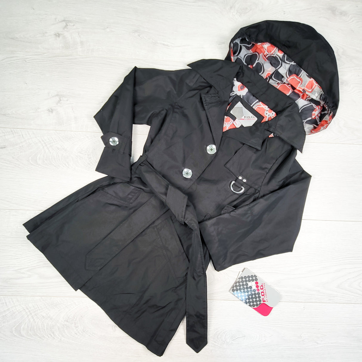 NEW - F.O.G. by London Fog black hooded trench style belted rain jacket. Size 7
