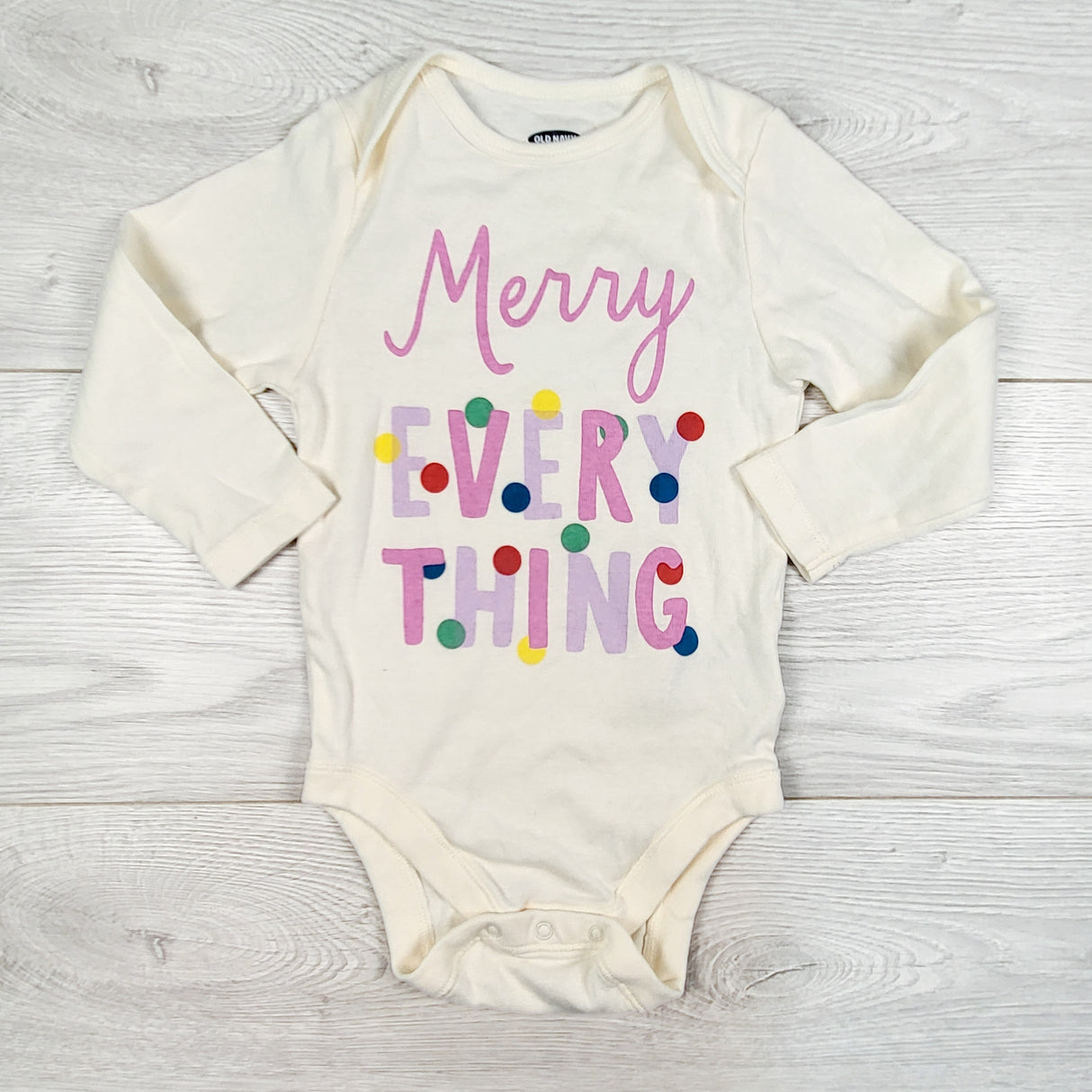 Old Navy cream "Merry Everything" bodysuit. Size 12-18 months