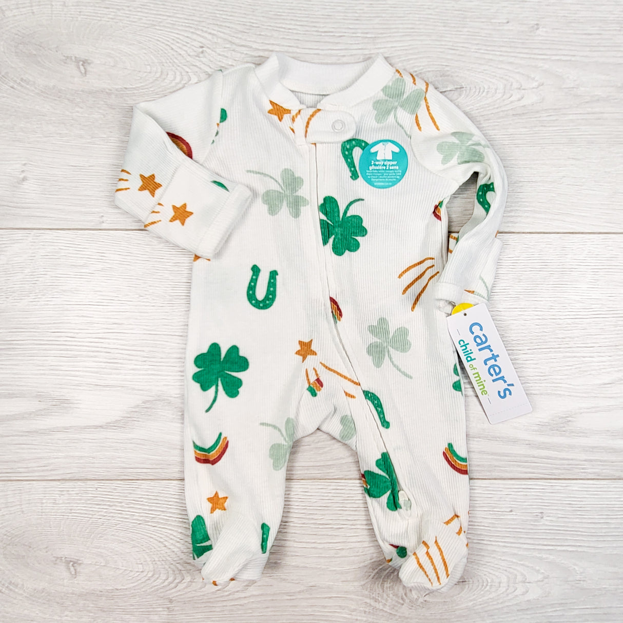 NEW - Child of Mine white ribbed sleeper with shamrocks. PREEMIE size