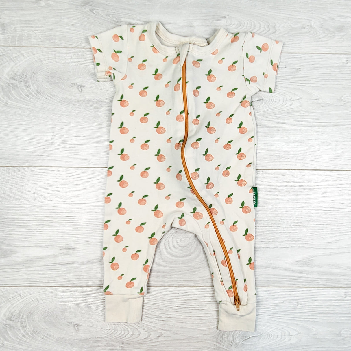 Parade Organics zippered romper with oranges. Size 0-3 months