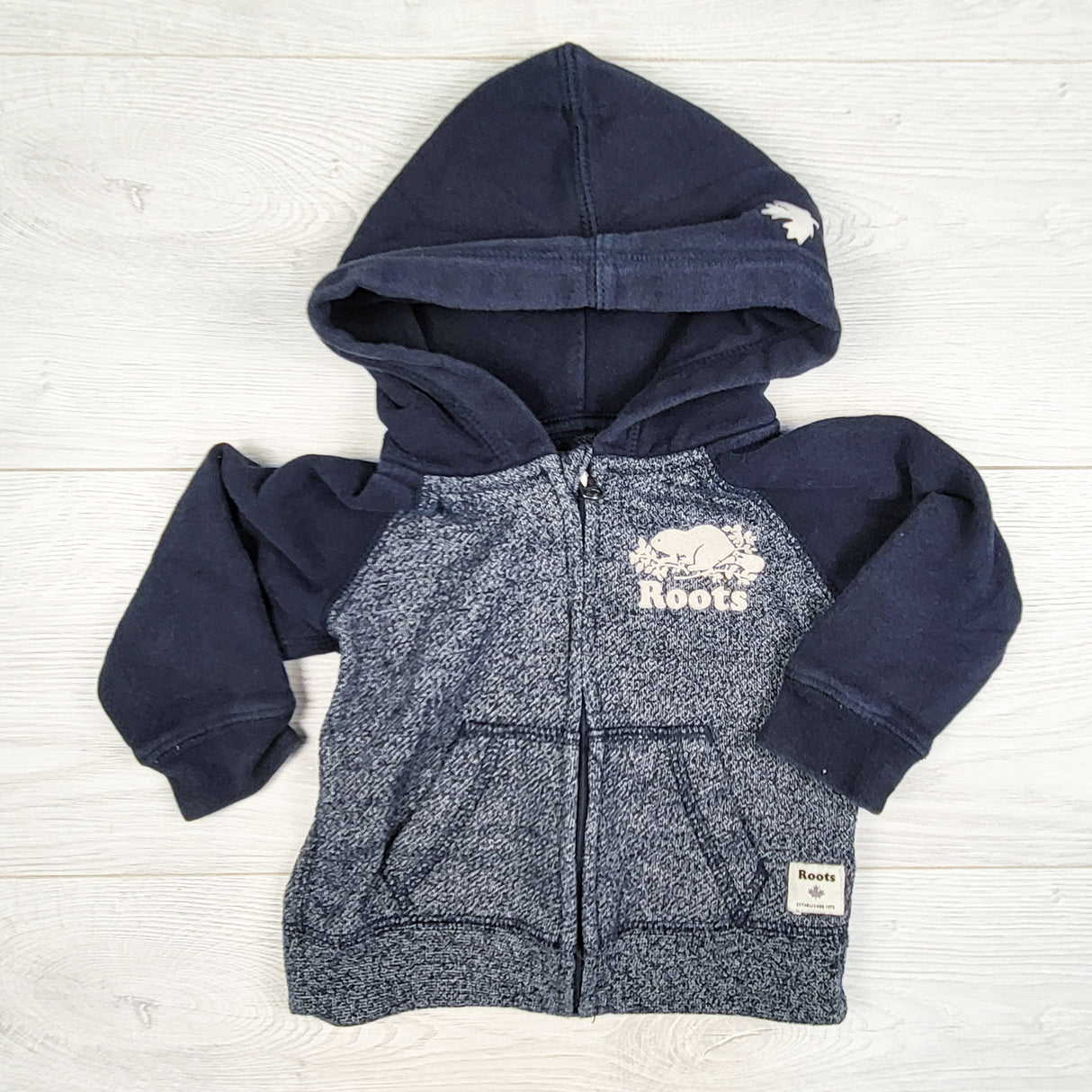 Roots blue and navy zip up hoodie. Size 6-12 months
