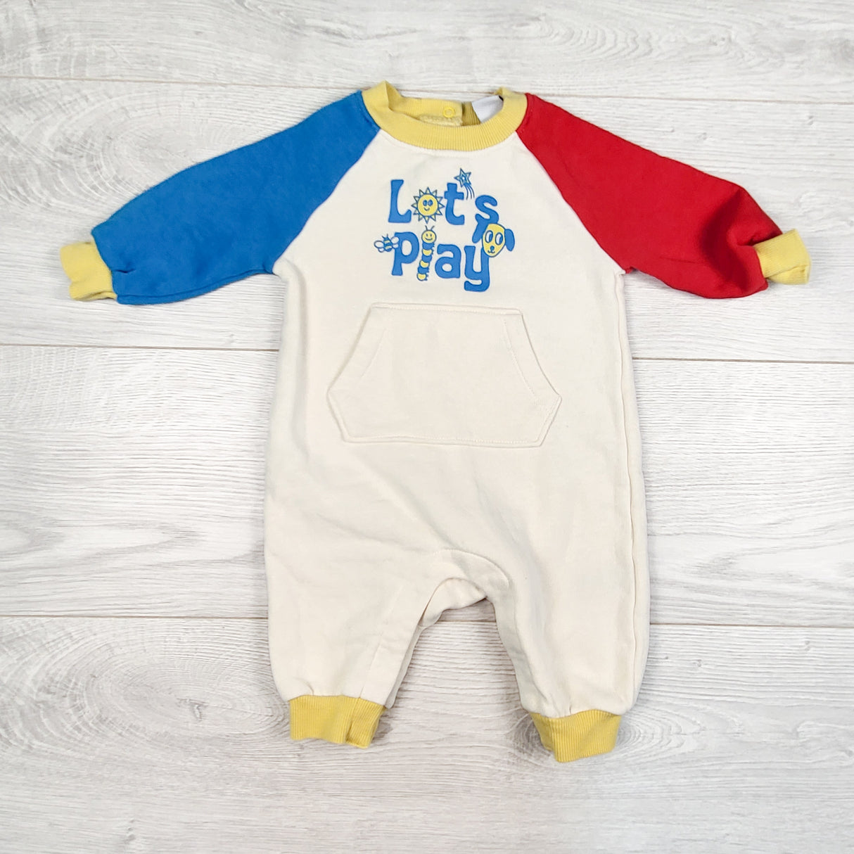 Old Navy fleecy lined colour block "Let's Play" romper. Size 0-3 months
