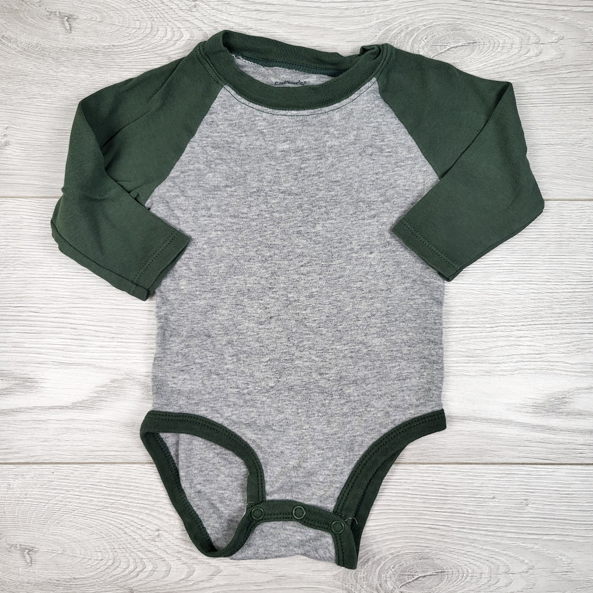 Carters grey and green raglan bodysuit. Size 6 months