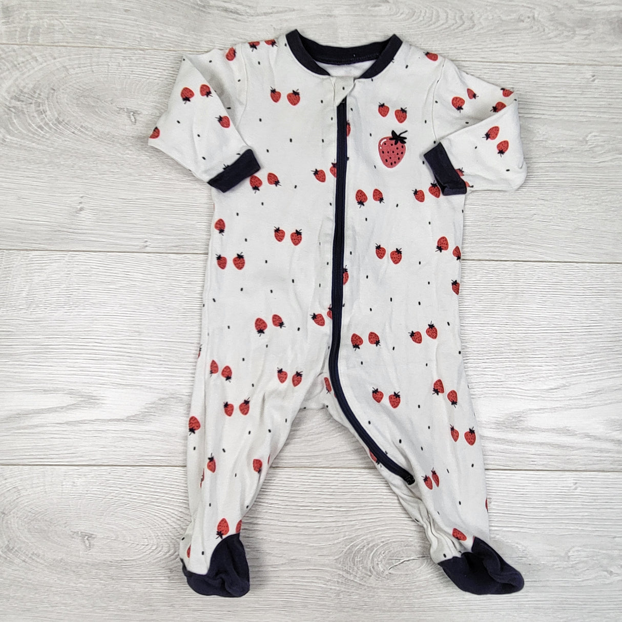 Tuffy white zippered strawberry print sleeper. Size 3 months