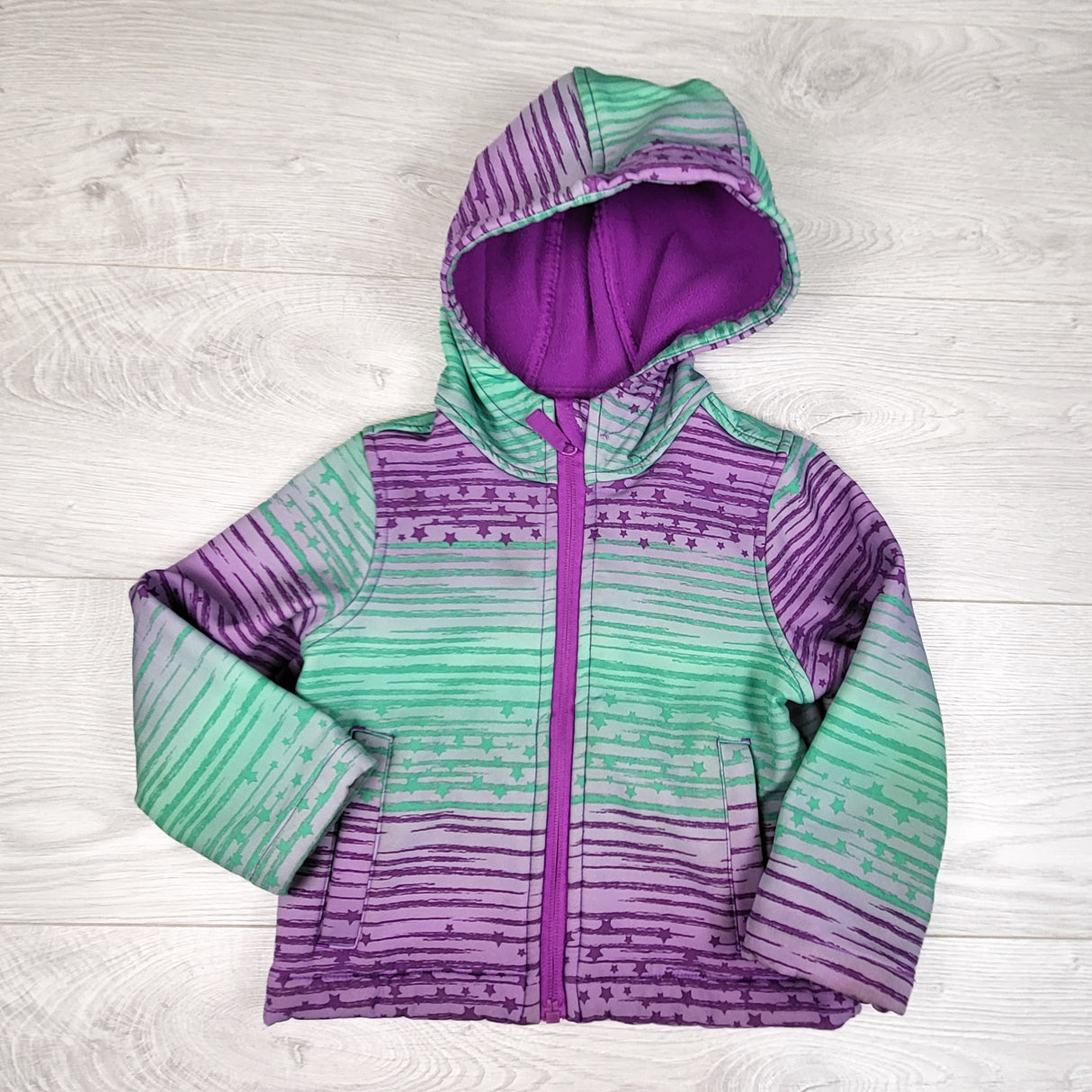 Athletic Works green and purple soft shell hooded rain jacket. Size 2T