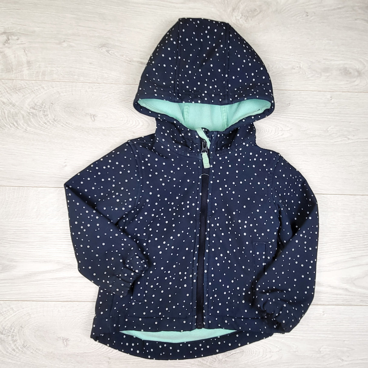 Athletic Works navy polka dot soft shell hooded rain jacket. Size 2T