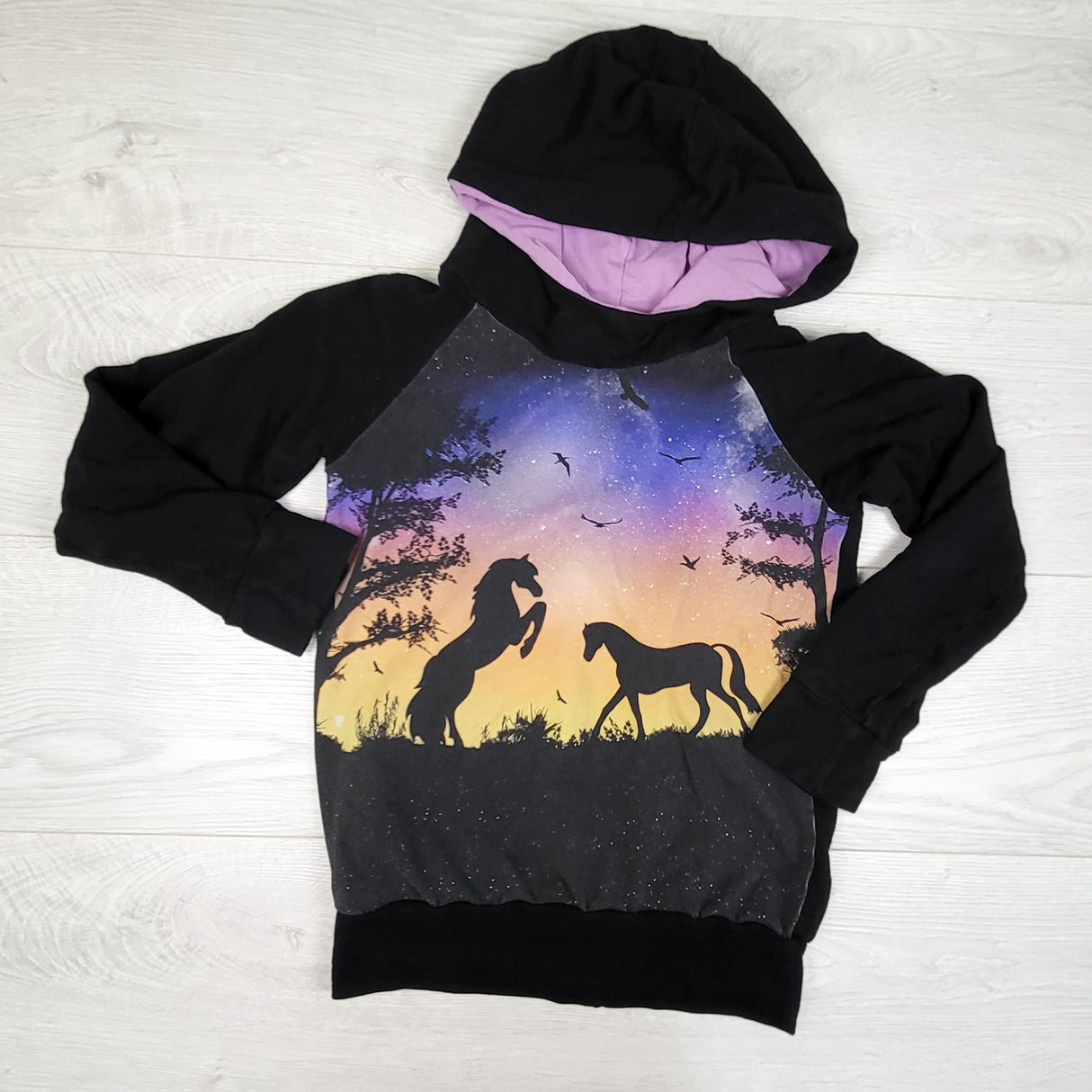 Handmade pullover hoodie with horses. Approx size 7/8