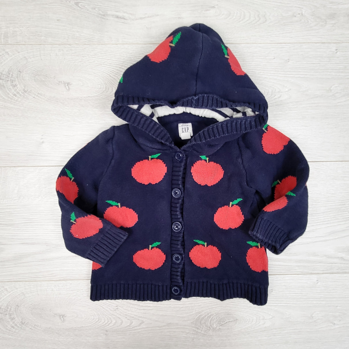 Gap navy apple print hooded sweater. Size 12-18 months