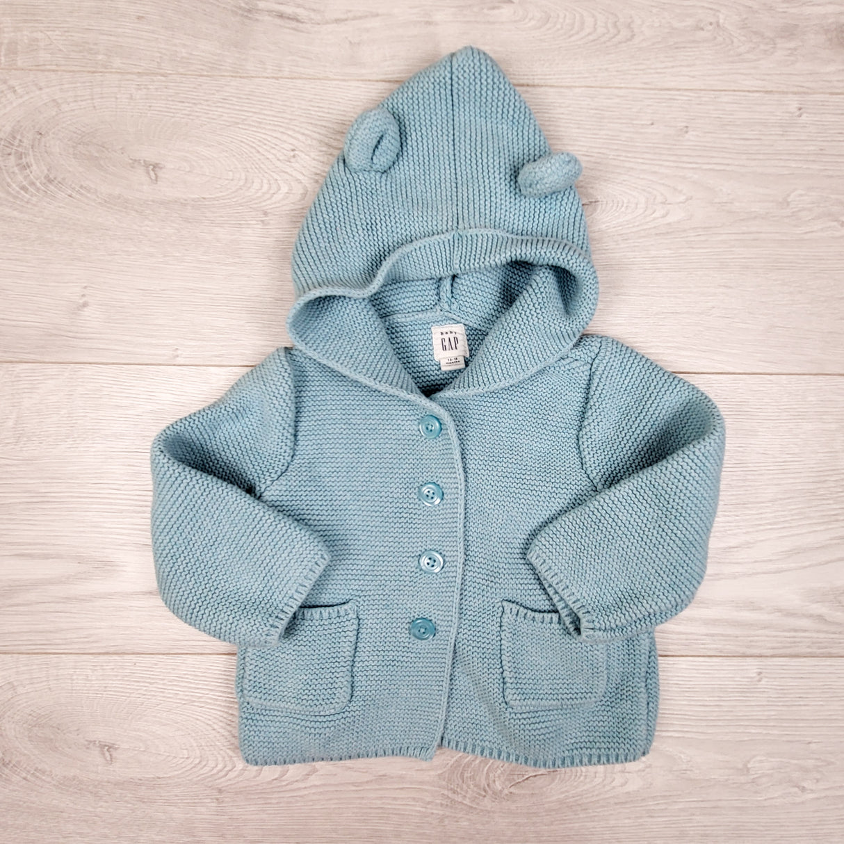 Gap blue hooded sweater with ears. Size 12-18 months