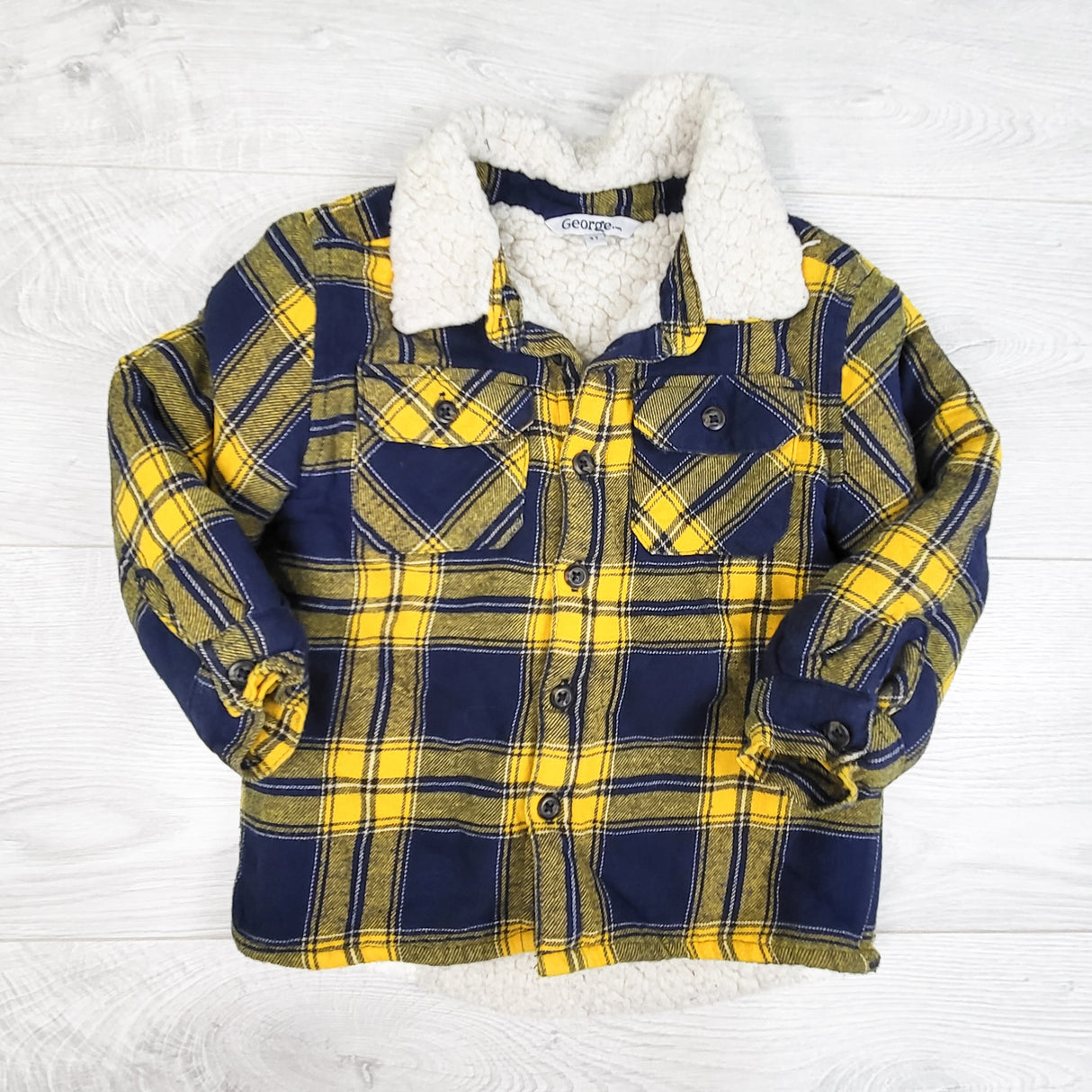 George navy and yellow sherpa lined plaid shacket. Size 3T