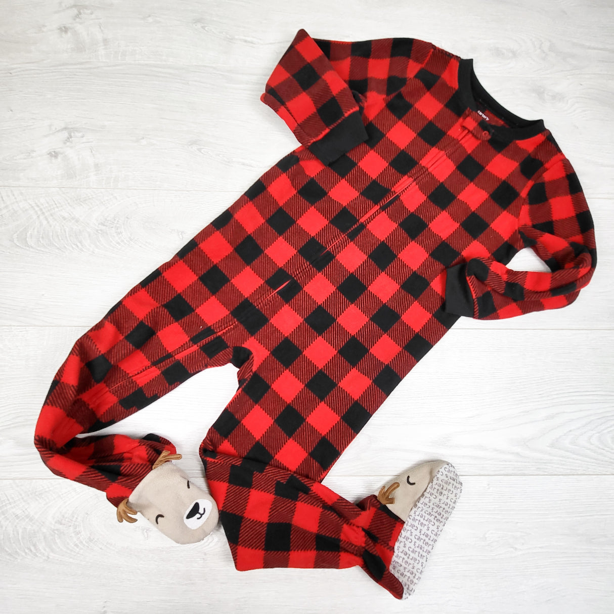 Carters red plaid zippered fleece sleeper with reindeer feet. Size 5T