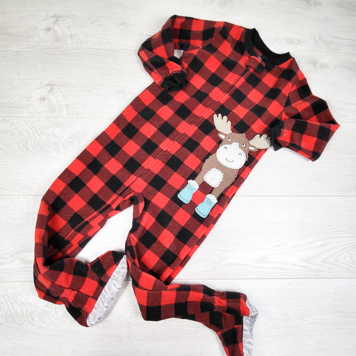 Carters red buffalo plaid zippered fleece sleeper with moose. Size 5T