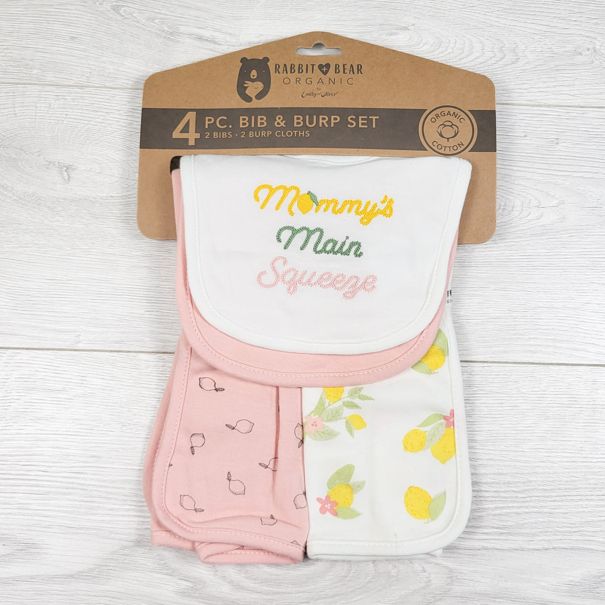 NEW - Rabbit + Bear organic cotton 4pc burp set "Mommy's Main Squeeze"