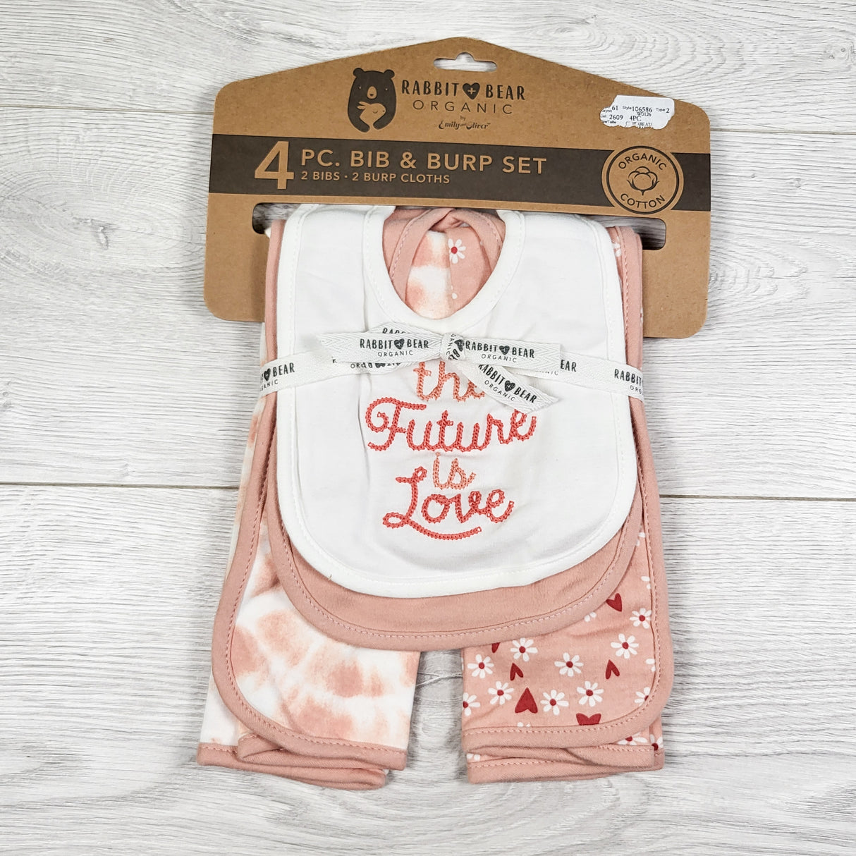 NEW - Rabbit + Bear organic cotton 4pc "The Future is Love" burp set