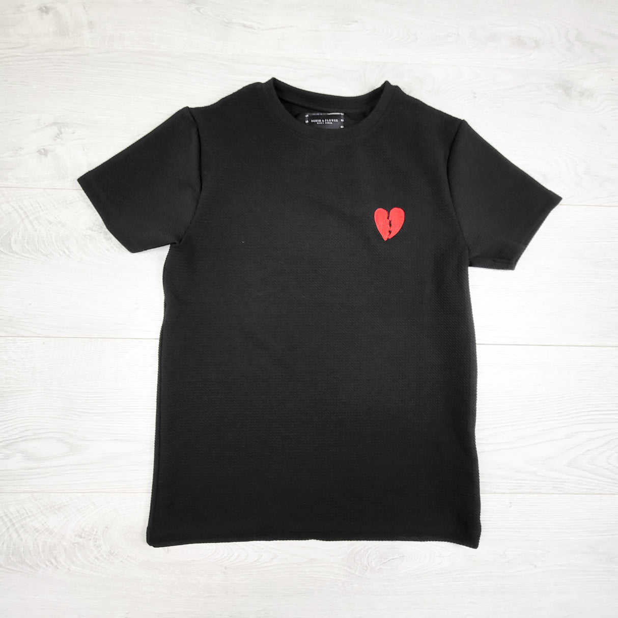 Denim & Flower (by Ricky Singh black textured t-shirt with embroidered heart. Size 9/10