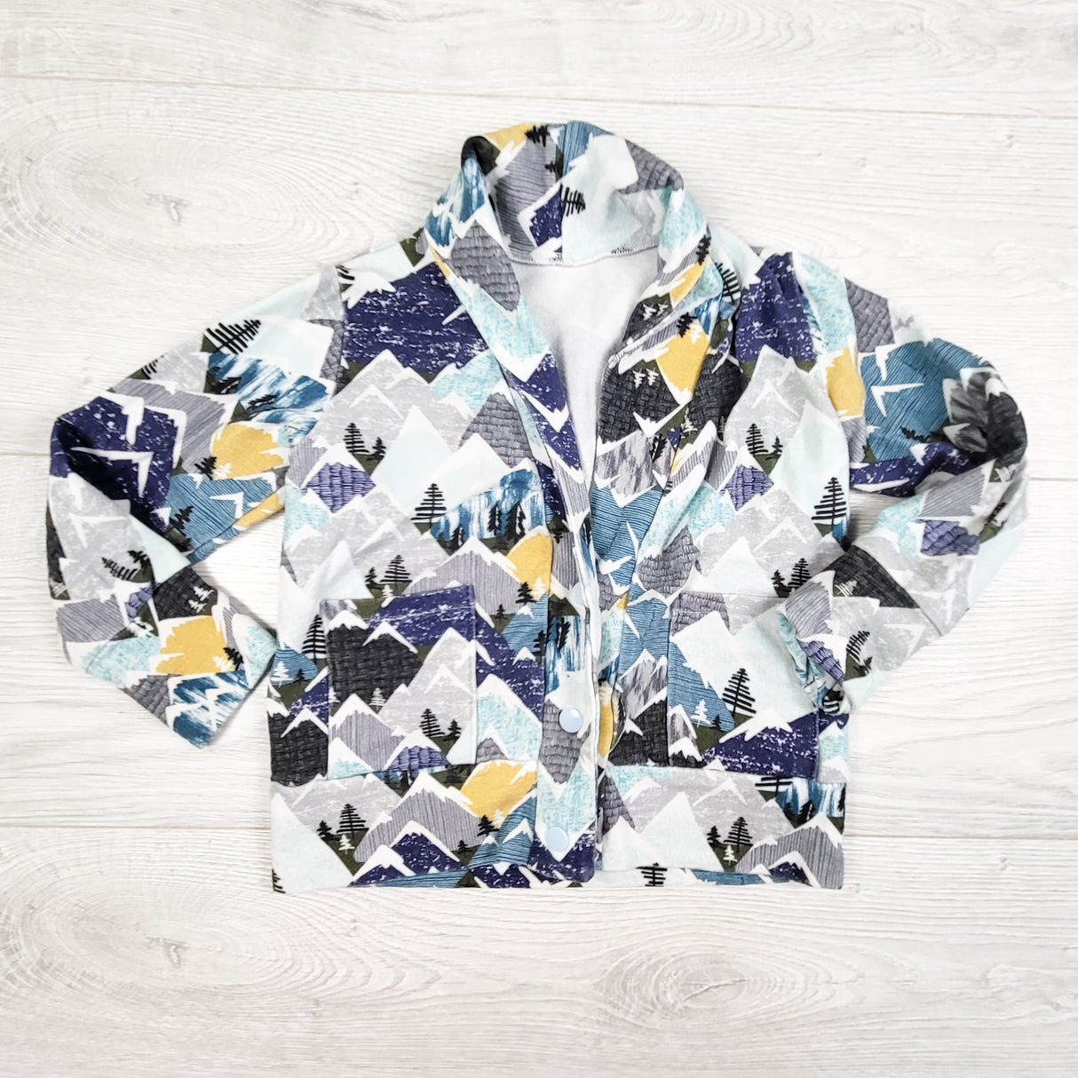 Handmade cotton mountain print cardigan. Approx 12-18 months