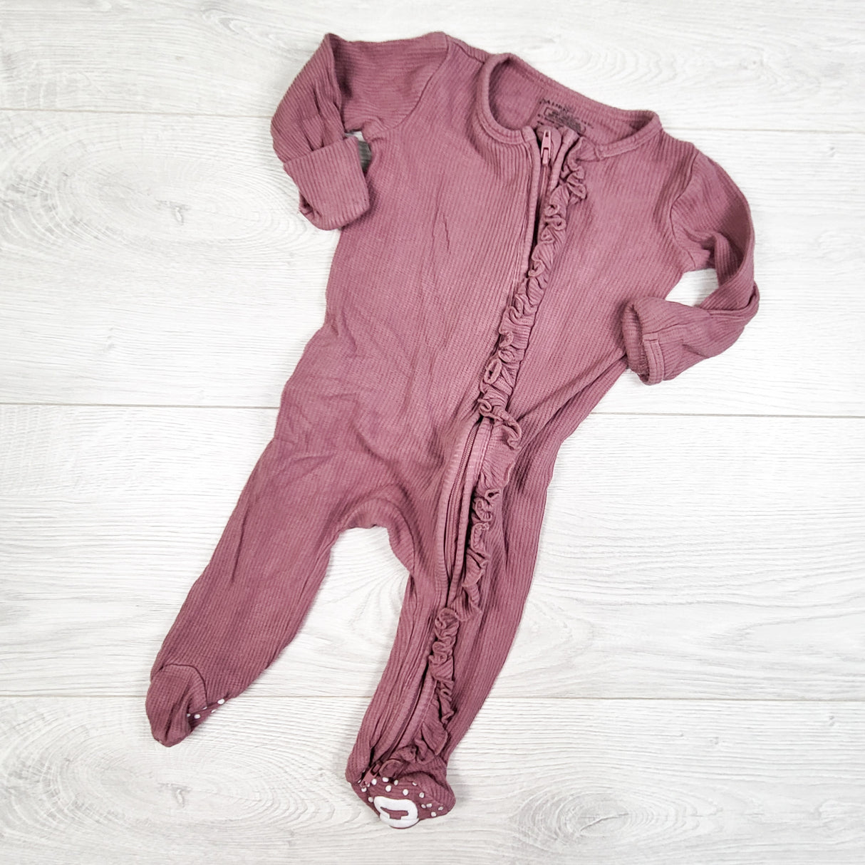 Caden Lane pink ribbed zippered bamboo ruffle sleeper. Size 0-3 months (approx)