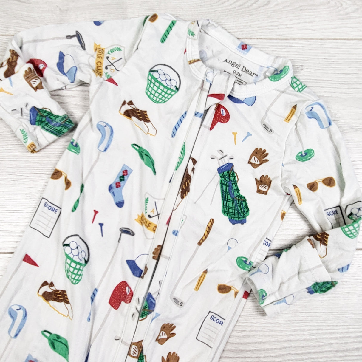 Angel Dear white bamboo golf themed zippered sleeper. Size 0-3 months