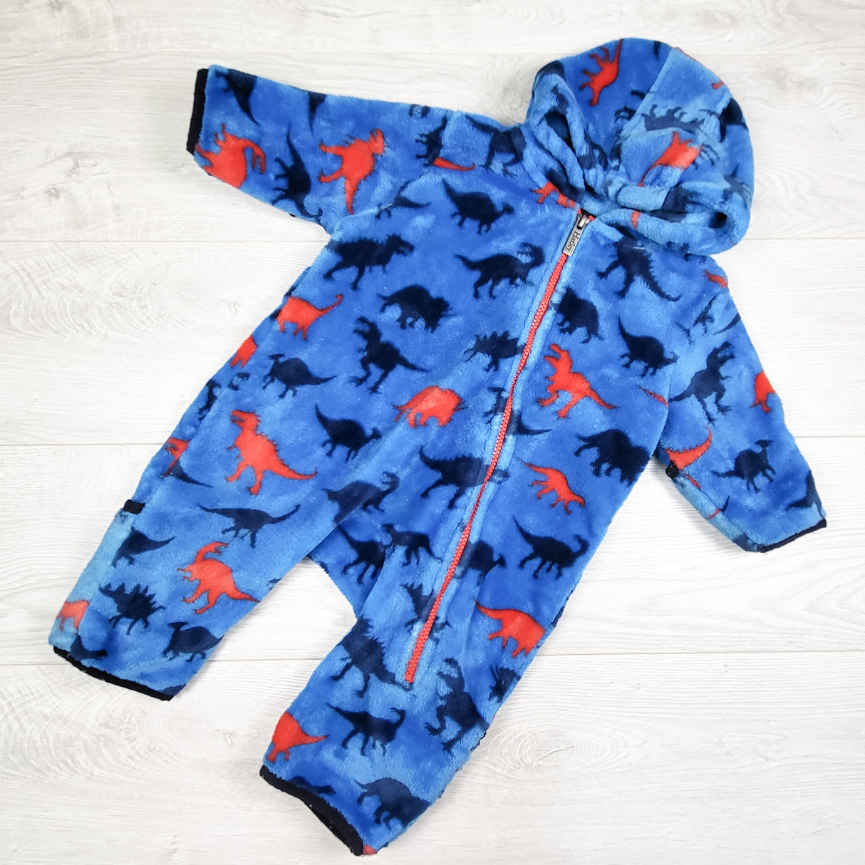 Hatley blue plush dinosaur print bunting suit. Size 9-12 months