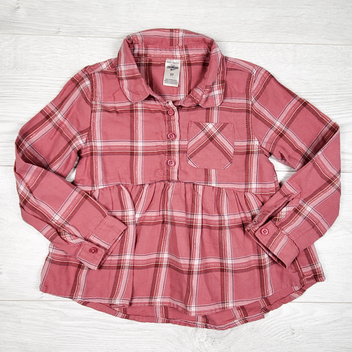 Oshkosh pink plaid button down top with sparkle threading. Size 3T