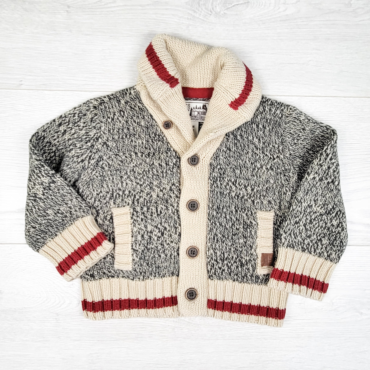 Roots cabin salt and pepper shawl collar cardigan sweater. Size 6-12 months