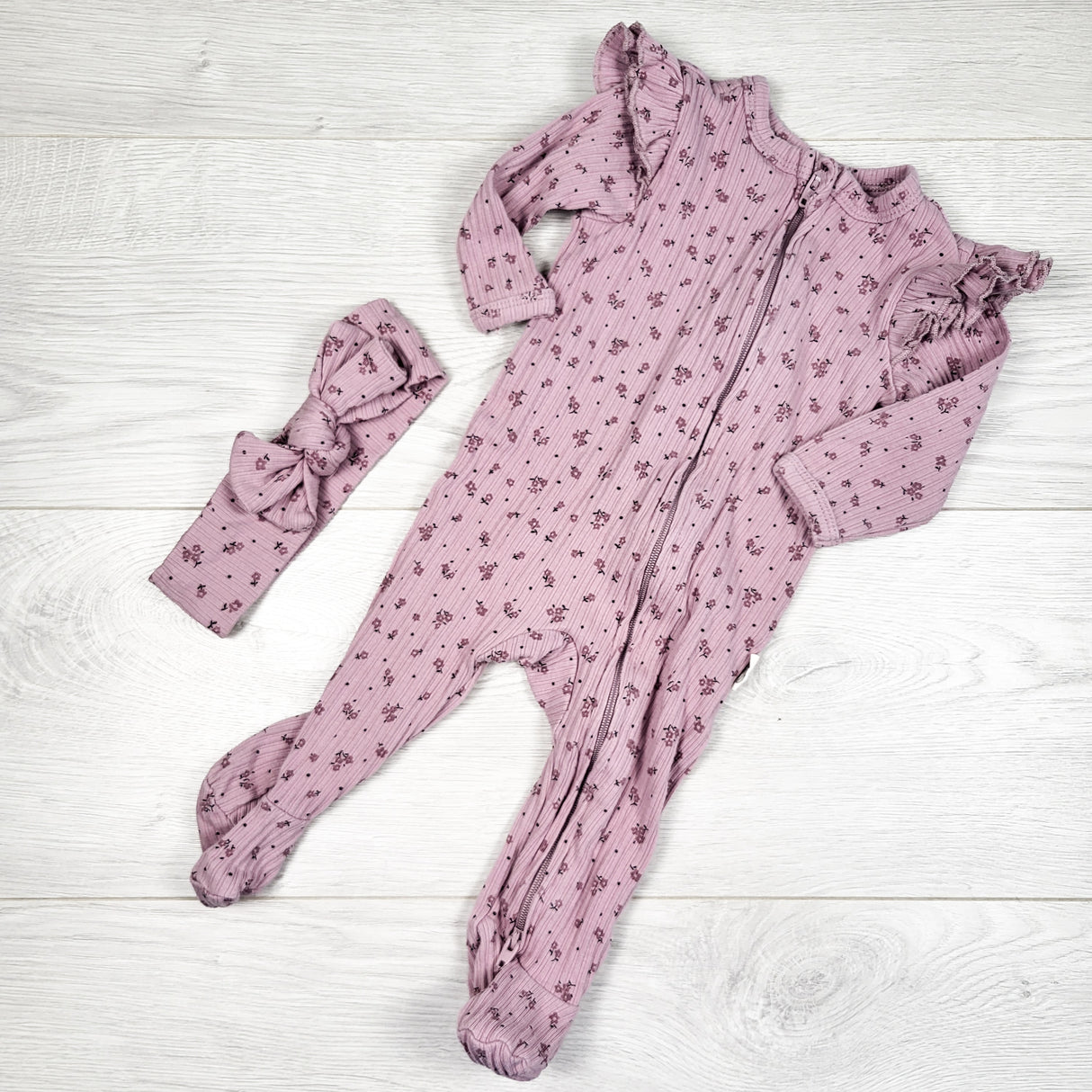 Rabbit and Bear purple floral print ruffle sleeper + headband. Size 0-3 months