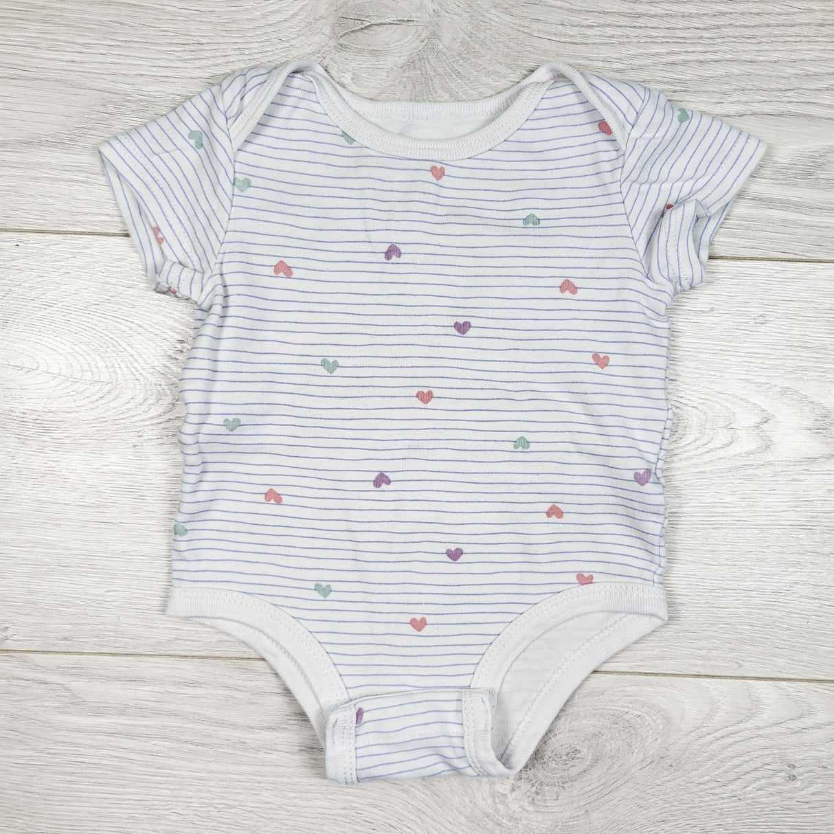 Rococo white and blue striped bodysuit with hearts. Size 6 months